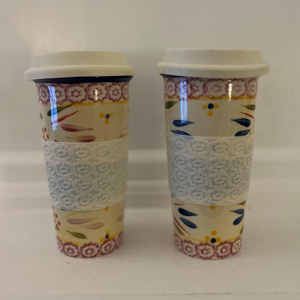 SOLD Set of 2 Temptations By Tara Old World Confetti Travel Mug Lid 12oz Ceramic